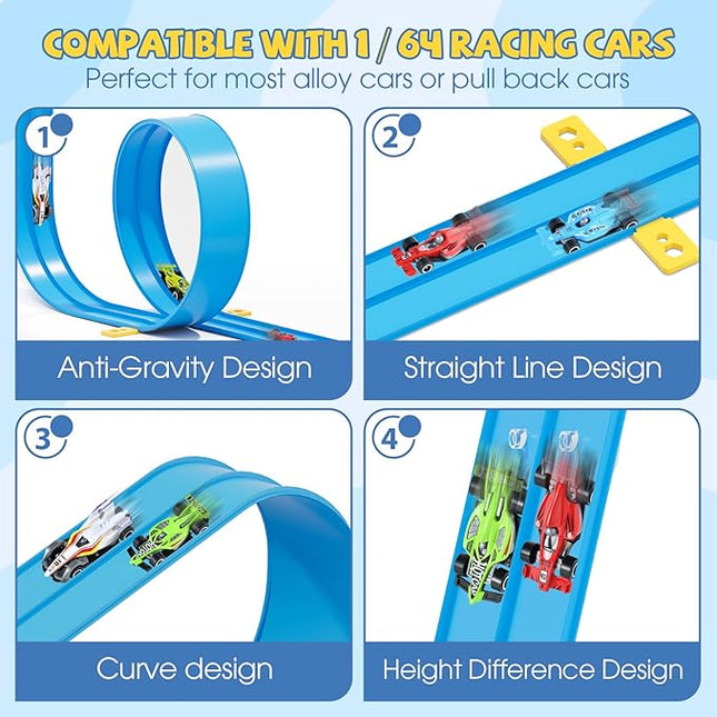 13 Ft Flexible Race Car Track Compatible with Hot Wheels and Diecast 1:64th Cars,Classic Long Rolls Up Portable Racetrack Roll Up Race Track, Birthday Gifts for Boys Girls Ages 3-12, Blue