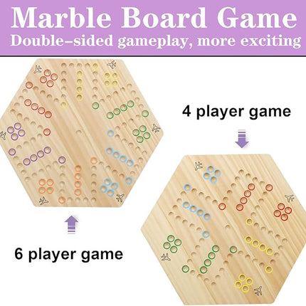HOROW Wahoo Board Game Wooden Original Board Game Classic 2 Side Painted Fast Track Game for 4 Player and 6 Player with 30 Marbles,6 Dices for Family Game Night(6large,Log)