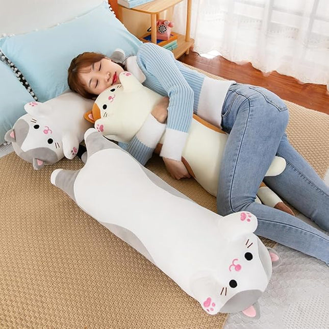 Cat Plush Stuffed Animals Cute Long Cat Body Pillow Plushies Soft Huggable Kitty Pillows for Girls Kids Adults Cat Lovers (New Beige, 27inch)
