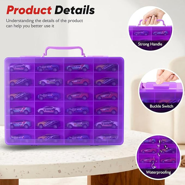 Toy Storage Organizer Case for Hot Wheels Car, for Matchbox Cars, for Mini Toys, for Small Dolls. Carrying Box Container Carrier with 24 Compartments (Box Only) (Purple)