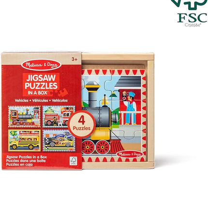 Melissa & Doug 4‑in‑1 Wooden Vehicle Jigsaw Puzzle Set, 48 Pieces with Storage Box, Toddler Puzzle Toy for Kids Ages 3+- FSC Certified