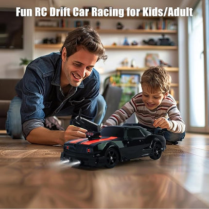 YUZ Remote Control Car RC Drift Car 1/16 Scale 4WD 18KM/H High Speed RC Car 2.4GHz with LED Lights Spray Racing Toy Car for Adults Boys Girls Kids Birthday 2Pcs Rechargeable Batteries, Black