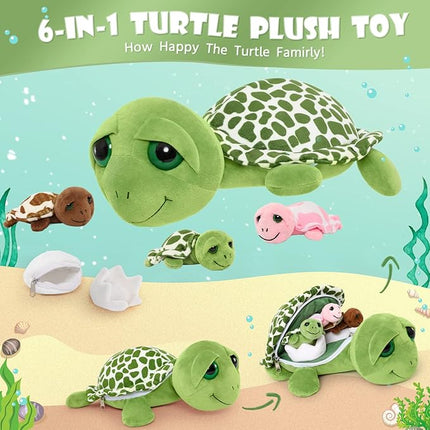 MorisMos Sea Turtle Stuffed Animal with Babies, 14'' Mommy Stuffed Turtle with 3 Babies & 2 Plush Eggs in Tummy, Big-Eyed Sea Tortoise Toys for Kids Toddlers,Sea Stuffed Animals,Tortoise Plush Pillow