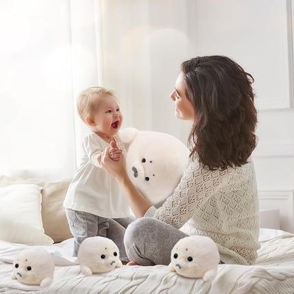 Seal Stuffed Animals with 4 Babies Plushies,16inch White Pillow Christmas Thanksgiving Gift for Kids Boyds and Girls