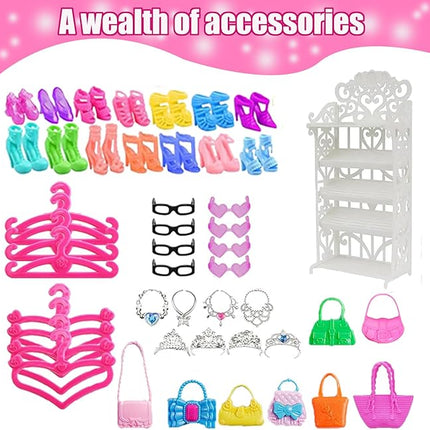 108 Pcs Doll Clothes and Accessories with Closet Wardrobe for 11.5 Inch Doll, Wedding Gowns Dresses Swimsuits Hangers Necklace Bags, Birthday for 4 5 6 7 8 9 10 11 12 Year Old Girl