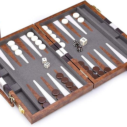 AMEROUS Backgammon Set, 11 Inches Classic Board Game withLeather Case, Folding Board, Gift Package, Portable Travel Strategy Backgammon Game Set for Adults, Kids (Small, Brown)