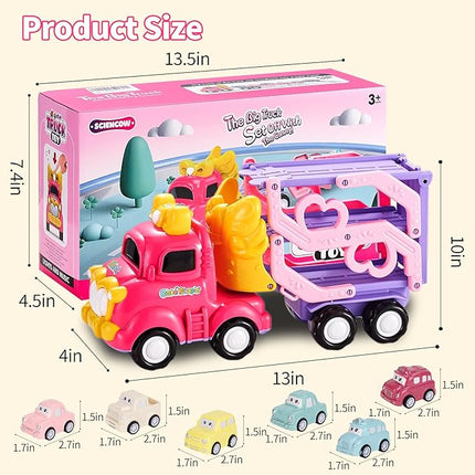 Toddler Girls Cars for 1 2 3 4 5 Year Old,7-in-1 Pink Princess Foldable Transport Carrier Trucks with Lights and Music,Birthday Presents for 1-3 3-5 Yrs Old Babys