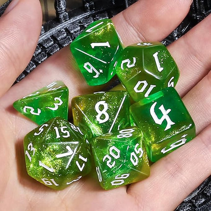 CiaraQ DND Polyhedral Dice Set for Dungeons and Dragons RPG MTG Role Playing Table Games-with 1 Dice Pouch (Green with Yellow + Glitter)