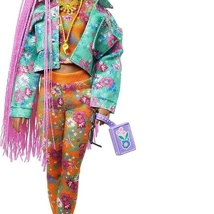 Barbie Extra Doll & Accessories with Long Pink Braids in Teal Floral Jacket & 2-Piece Floral Outfit with DJ Pet Mouse