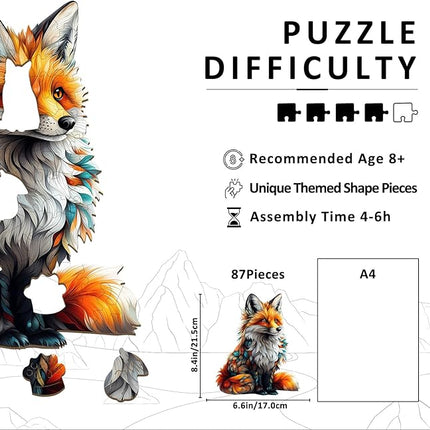 Wooden Puzzles for Adults - Artistic Fox Wood Puzzles Adult - Unique Animal Shape Wooden Jigsaw Puzzles for Adults - Birthday Gifts for Puzzle Lovers, Family (8.4 * 6.6in)