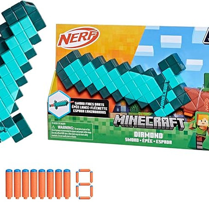 Nerf Minecraft Sword Dart Blaster, Pull Back Priming, Foam Edge, 8 N1 Darts, Ages 8+