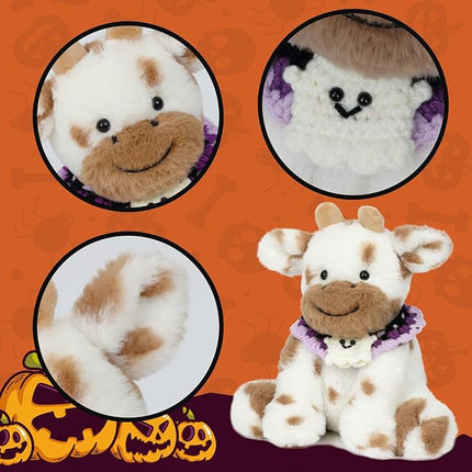 Hopearl Adorable Halloween Plush Cow Toy with Knitted Cute Ghost Bib Floppy Dairy Cattle Soft Stuffed Animal Gifts for Boys Girls Kids Toddlers, Light Brown, 9''