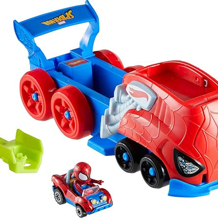 Hot Wheels Toy Car Track Set, Spider-Man Large-Scale Launcher and Hauler with Die-Cast RacerVerse Vehicle