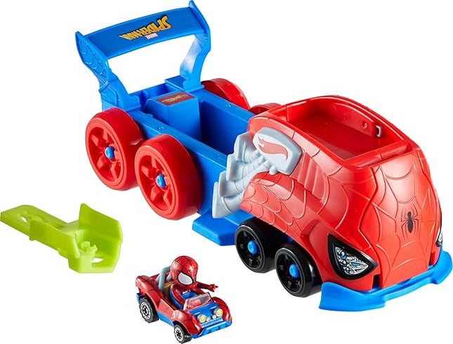 Hot Wheels Toy Car Track Set, Spider-Man Large-Scale Launcher and Hauler with Die-Cast RacerVerse Vehicle