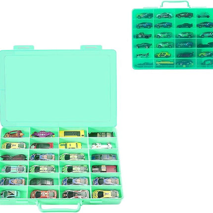 Toy Storage Organizer Case for Hot Wheels Car, for Matchbox Cars, for Mini Toys, for Small Dolls. Carrying Box Container Carrier with 24 Compartments (Box Only) (Green)