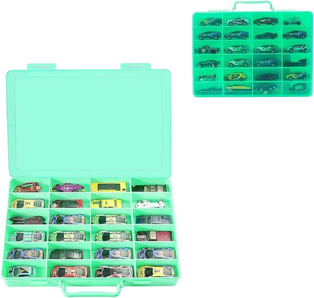 Toy Storage Organizer Case for Hot Wheels Car, for Matchbox Cars, for Mini Toys, for Small Dolls. Carrying Box Container Carrier with 24 Compartments (Box Only) (Green)