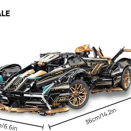 1:14-Scale RC Car Model Kit - Black-and-Gold Retro Supercar with APP Control, LED Lights, and Functional Scissor Doors for Creative Teens and Adult Hobbyists (1314 Pieces)
