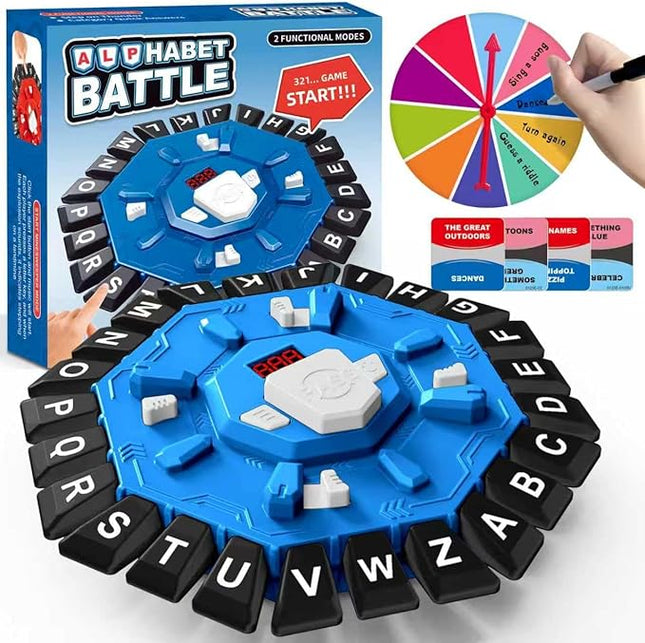 Family Board Word Games for Kids & Adults w/Display Timer, Fast Paced 24-Letter Learning Party Card Game with Spinning Penalty Wheel, 2 Modes & 220 Topics, Xmas & Birthday Gifts, Blue