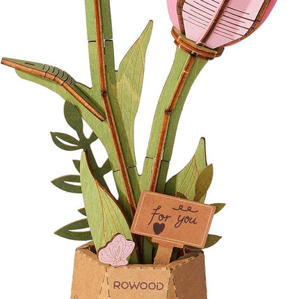 rowood Wooden Flower,3D Puzzles for Adults,Artifical Flower Botanical Collection Building Kit,Mother's Day/Valentine's Day Pink Tulip