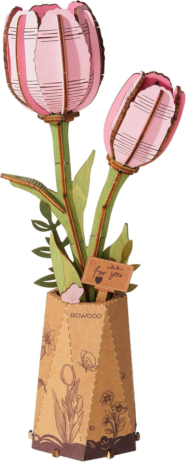 rowood Wooden Flower,3D Puzzles for Adults,Artifical Flower Botanical Collection Building Kit,Mother's Day/Valentine's Day Pink Tulip