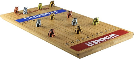 Metal Horse Race Board Game Set with Horse Racing Thick & Solid Wood Game Board(22”/Natrual),11 Luxurious with 4Antique(Gold,Silver,Red Cooper&Bronze) Metal Craft Horses, Dice&Cards (HR-F554)