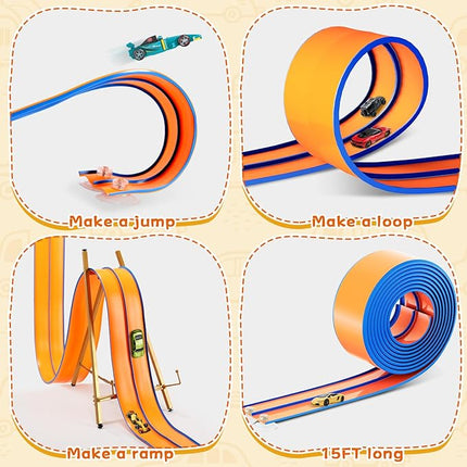 15 Ft Flexible Race Track for Kids – Portable Car Race Track Starter Set with Suction Cups, Rolls Up Easy, Compatible with 1/64 Diecast Cars, Birthday Gift for Boys & Girls Ages 3+ (Orange&Blue)