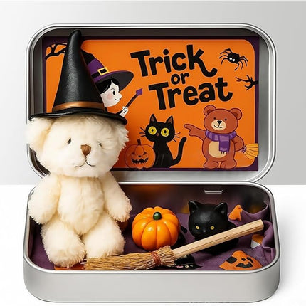 Halloween Bear in a Box for Trick or Treat, Miniature Witcher, Halloween Animal Pocket Hug Surprise Box, Cute Bear in Box with Pumpkin and cat Decorations (White)