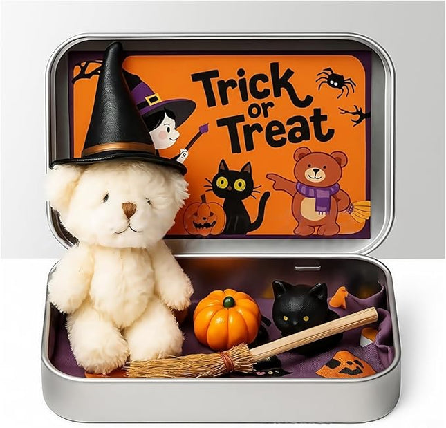Halloween Bear in a Box for Trick or Treat, Miniature Witcher, Halloween Animal Pocket Hug Surprise Box, Cute Bear in Box with Pumpkin and cat Decorations (White)