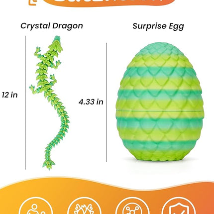 12 Inch 3D Printed Dragon - Mystery Surprise Egg with Flexible Articulated Dragon Inside, Cool Dragons Toys for Boys Kids Age 5-7