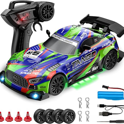 Drift RC Car for Electric Toy Car Hobby Racing Car Toys with Controller,1:24 4WD High Speed RC Drift Cars with LED Lights,Drifting Tires＆Two Batteries,Christ.mas Gift for Adults & Kids