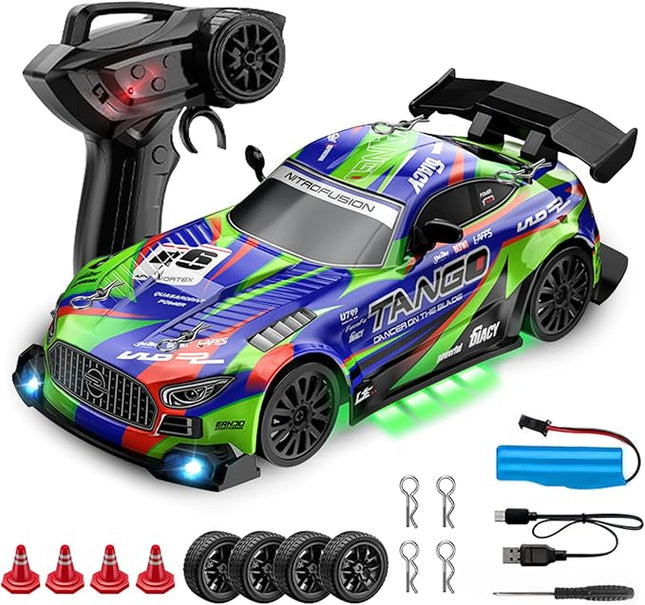 Drift RC Car for Electric Toy Car Hobby Racing Car Toys with Controller,1:24 4WD High Speed RC Drift Cars with LED Lights,Drifting Tires＆Two Batteries,Christ.mas Gift for Adults & Kids
