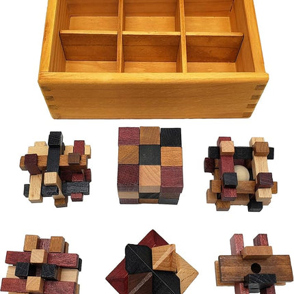 Wooden Brain Teaser Puzzles 6 Pack - 3D Brain Teasers for Adults & Kids - Educational and Fun Gift Ideas - Mind Puzzles for Adults