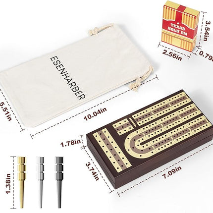Foldable Wooden Cribbage Board Set - Elegant 3-Track Design with Magnetic Closure, 9 Metal Pegs, Full Deck of Cards, Perfect for Family Game Nights and Travel