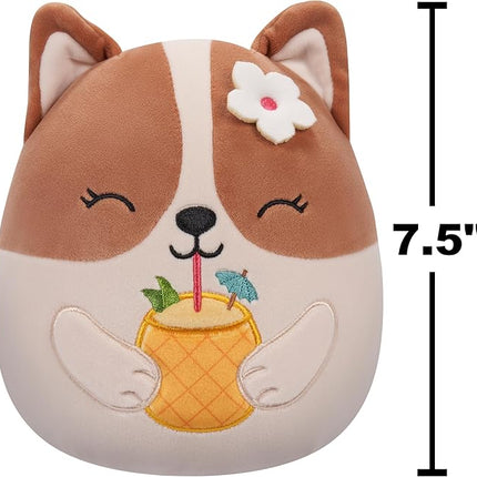 Squishmallows Original 7.5-Inch - Regina The Brown and White Corgi with Pineapple Drink and Flower