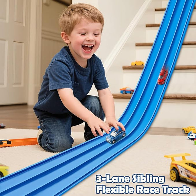 3-Lane Flexible Race Track for Kids 15ft Race Car Track Compatible with Hot Wheels, Matchbox and Diecast 1/64 Scale Cars, Flexible Car Track Race Ramp Toy with Strong Suction Cups