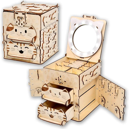 3D Wooden Puzzle Cat Treasure Box, Wood Creative Assembly Model Building Kits to Build for Adults and Teens, DIY Cat Jewelry Box with Mirror Hobbies Projects Gift for Women