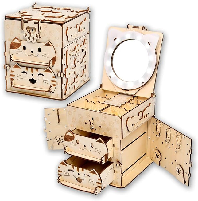 3D Wooden Puzzle Cat Treasure Box, Wood Creative Assembly Model Building Kits to Build for Adults and Teens, DIY Cat Jewelry Box with Mirror Hobbies Projects Gift for Women