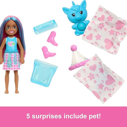Barbie Chelsea Pop Reveal Doll Set, Shakes Series with 5 Surprises Including Scented Small Doll, Pop-It Pet & Color Change (Styles May Vary)
