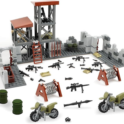 Finger Rock Military Base Building Block Set, WW2 Army Mini War Accessories Kits, Military Ruins Guard Tower Guns Army Supplies Block Toy for Kids 8 10 12 14
