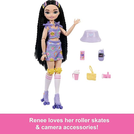 Barbie Dream Besties Doll and Accessories, Renee Posable Roller Skating Fashion Doll with Black Hair, 12 Video & Food Themed Pieces