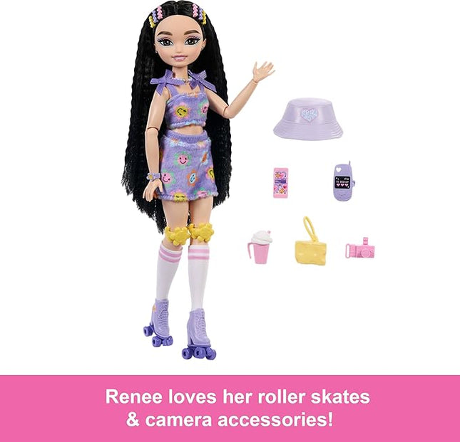 Barbie Dream Besties Doll and Accessories, Renee Posable Roller Skating Fashion Doll with Black Hair, 12 Video & Food Themed Pieces