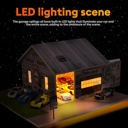 1/64 Diorama,Display Case for Hot Wheels Garage with LED,Storage Case Compatible with Hot Wheels&Matchbox Cars,1/64 Scale Diecast Car Display, Warehouse Scene (NO Cars)
