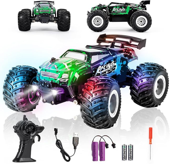 1:18 Remote Control Car for Boys Age 4-7 8-12, 20Mph All Terrian Remote Control Monster Truck with Colorful Bodylight, Headlight, High Torque Motor, Truck Toy for Boy Age 4-12 Birthday Gift