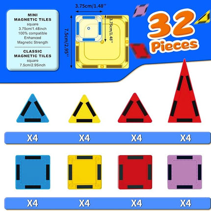 Mini Magnetic Tiles for Kids, Magnetic Building Set, Construction STEM Travel Toys for Boy Girl Ages 3+, Montessori Preschool Learning Educational Sensory Magnet Creative Toy Gift for Toddlers, 32 Pcs