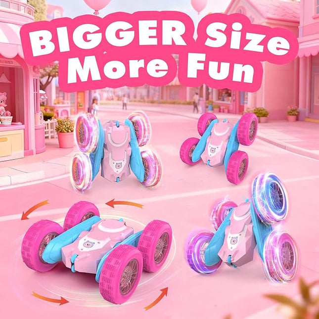 NQD Pink Remote Control Car for Girls, 360° Spin Flip RC Stunt Car with Flashing Wheel Lights 2 Batteries, Double Sided 4WD Off-Road RC Toy Gift for Girls Xmas Birthday