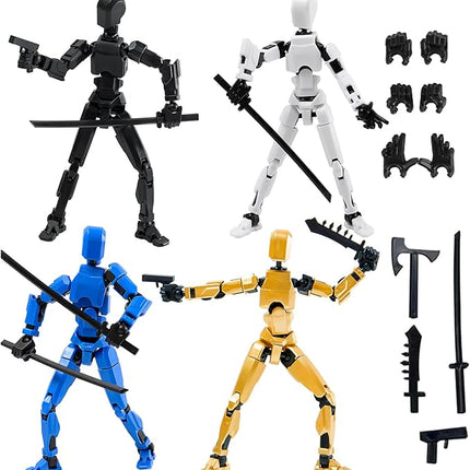 4PCS Assembled Titan T-13 Action Figures Set - Robot Action Figure Fidget Toys for Boys Lucky Dummy Nova N13 Anime Figures with Multi Movable Joints Toys for Kids (Golden+White+Blue+Black)