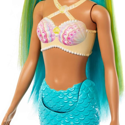 Barbie Mermaid Doll with Two-Tone Blue & Yellow Fantasy Hair & Headband Accessory, Toy with Shell Bodice & Turquoise Tail