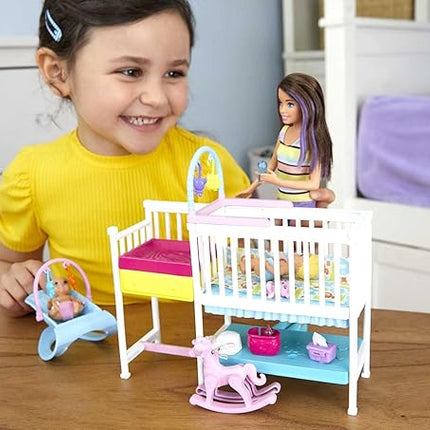 Barbie Skipper Babysitters Inc Dolls & Playset, Nap 'n Nurture Nursery, Skipper Doll, Baby Doll, Crib & 10+ Accessories, Working Toy Bouncer