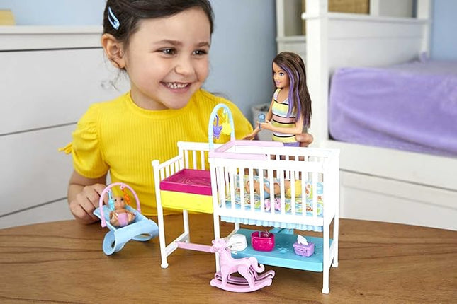 Barbie Skipper Babysitters Inc Dolls & Playset, Nap 'n Nurture Nursery, Skipper Doll, Baby Doll, Crib & 10+ Accessories, Working Toy Bouncer