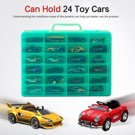 Toy Storage Organizer Case for Hot Wheels Car, for Matchbox Cars, for Mini Toys, for Small Dolls. Carrying Box Container Carrier with 24 Compartments (Box Only) (Green)